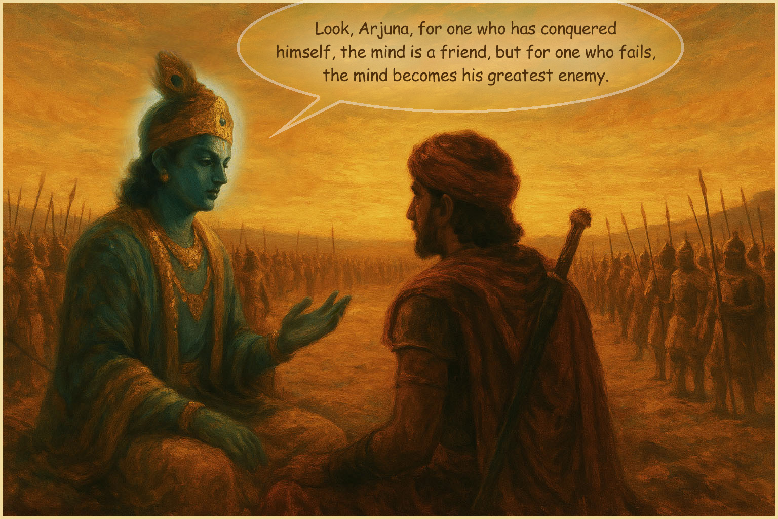 Look, Arjuna, for one who has conquered himself, the mind is a friend, but for one who fails, the mind becomes his greatest enemy.